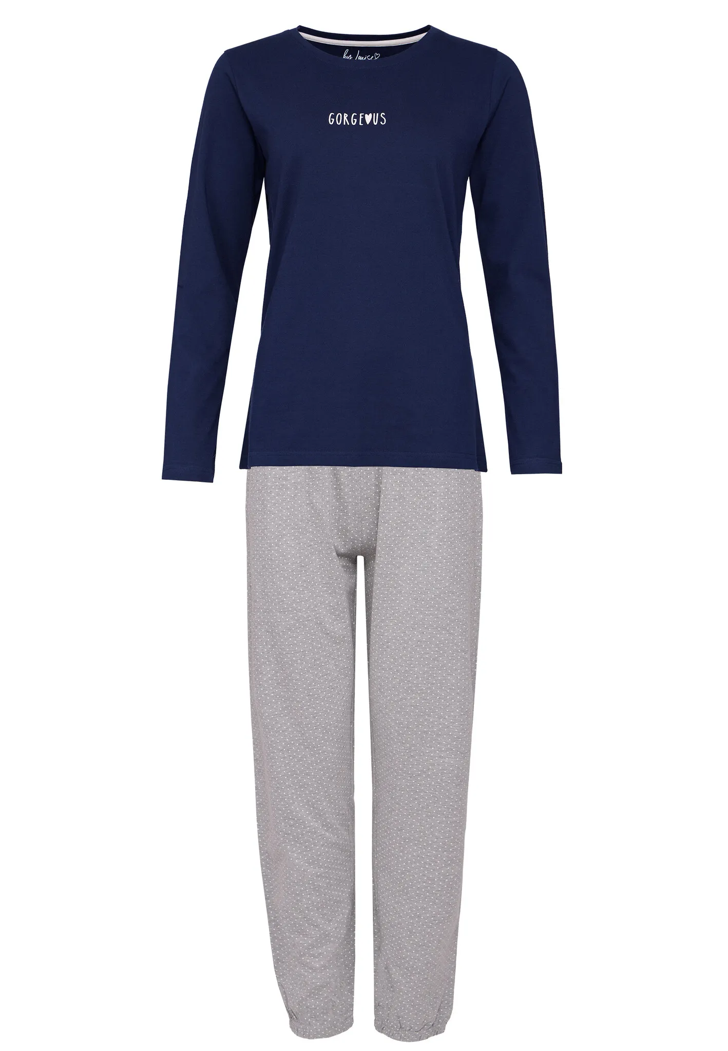 By Louise Dames Pyjama Set Lang Katoen Donkerblauw / Grijs Gestipt