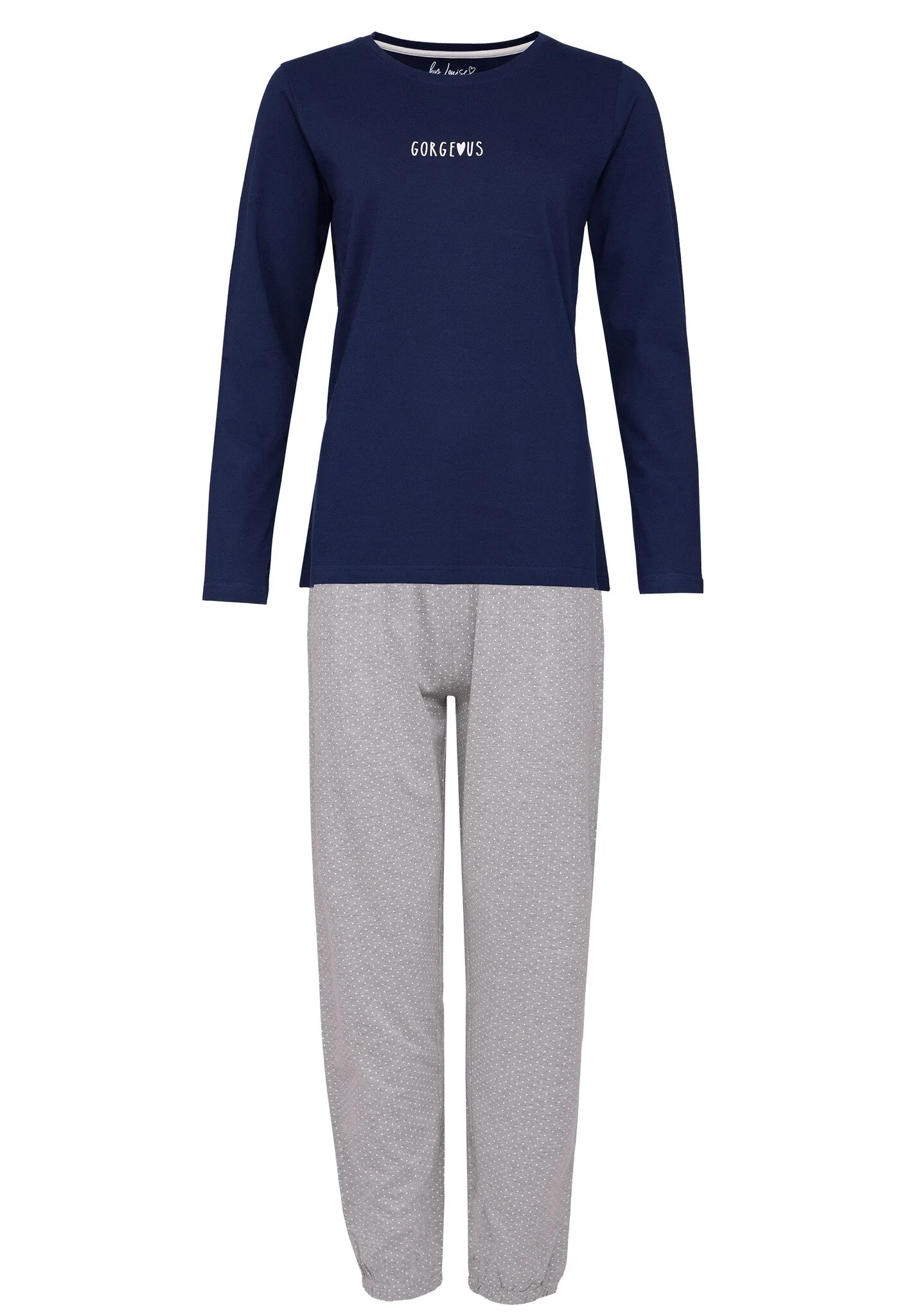By Louise Dames Pyjama Set Lang Katoen Donkerblauw / Grijs Gestipt